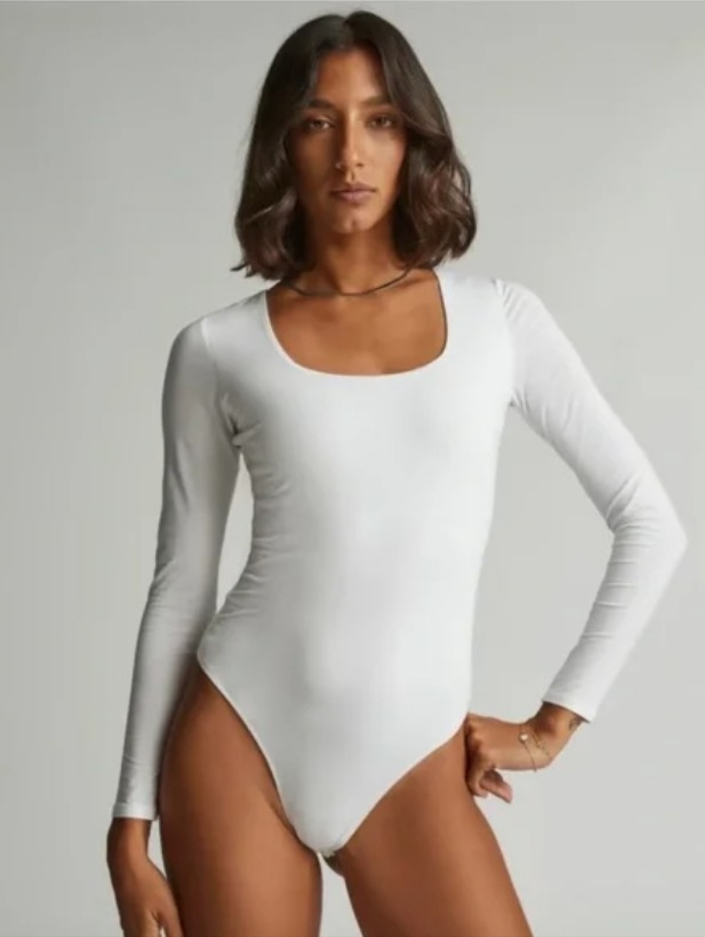 Everlane White Long Sleeve Supima Square Neck Bodysuit  - Size M